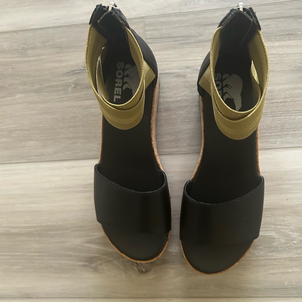 Sorel Black and Olive Ankle-Strap Wedge Sandals